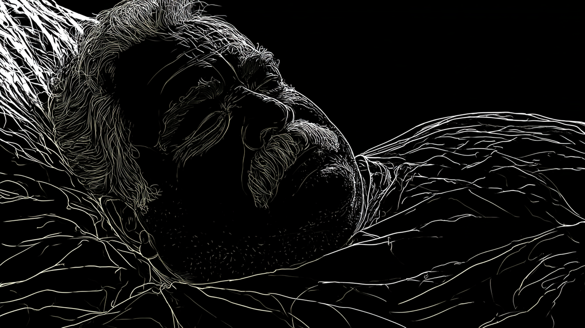 White line art on black background depicting a mustachioed man sleeping peacefully on a pillow, his face relaxed, rendered in an etched, luminous style.