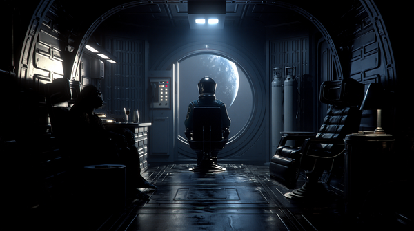 Dark spacecraft cabin. A suited figure faces a large circular window showing a planet. A second figure sits in shadow to the left