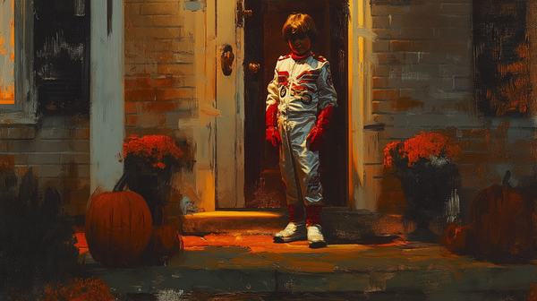 painting of a little kid in an Evel Knievel costume on Halloween knight circa 1979