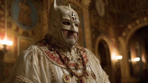 An Image of Pope Batman, which is Batman in a white Batman costume with gold and red accents.