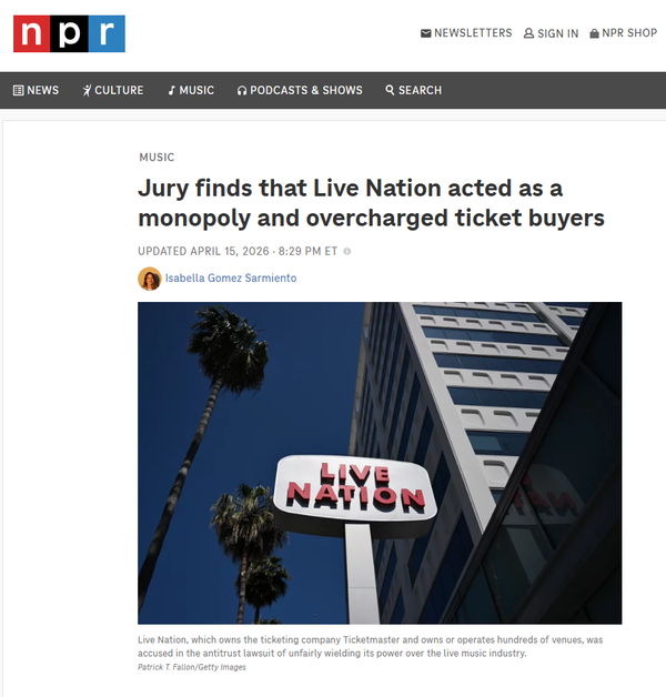 Screengrab from NPR reporting on Live Nation being found guilty of acting as a monopoly.