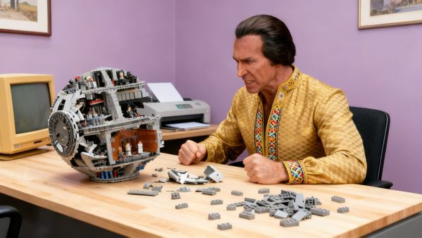 AI-generated image of Khan Noonien Singh scowling at a partially built Lego Death Star on his desk, loose bricks scattered everywhere, vintage 1993 computer behind him.
