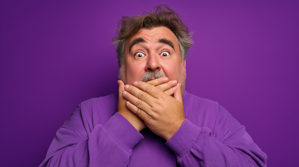  Gemini said A middle-aged man with wide eyes and messy hair covers his mouth in shock. He wears a purple sweater against a matching bright purple background.