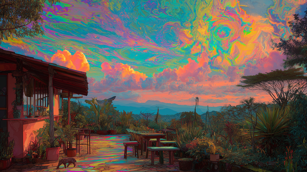 Vibrant illustration of a Costa Rican backyard brunch at dusk. Lush greenery and patio furniture sit under a psychedelic, swirling sky of neon pink, orange, and electric blue.