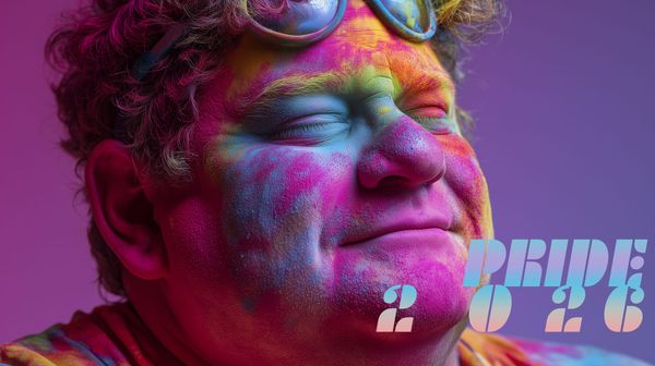 Close-up of person with eyes closed, face covered in colorful powder paint, glasses on head, purple background, 'PRIDE 2026' gradient text overlay