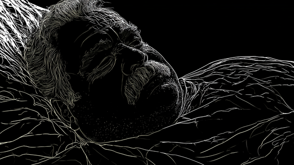 White line art on black background depicting a mustachioed man sleeping peacefully on a pillow, his face relaxed, rendered in an etched, luminous style.