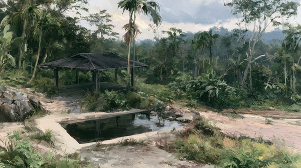 Oil painting of a small pool and covered wooden pavilion surrounded by tropical vegetation. The scene feels abandoned and overgrown.