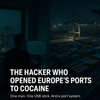 Dark apartment with hacker at laptop, overlooking illuminated shipping port at night.