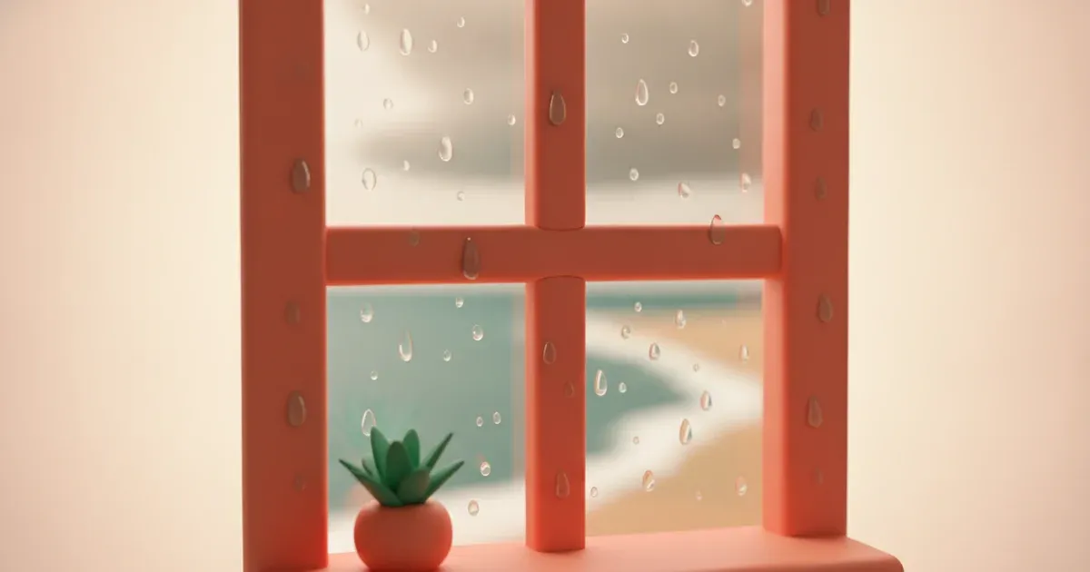 Terrasse d'un logement de location saisonnière en bord de mer sous la pluie, illustrant la basse saison