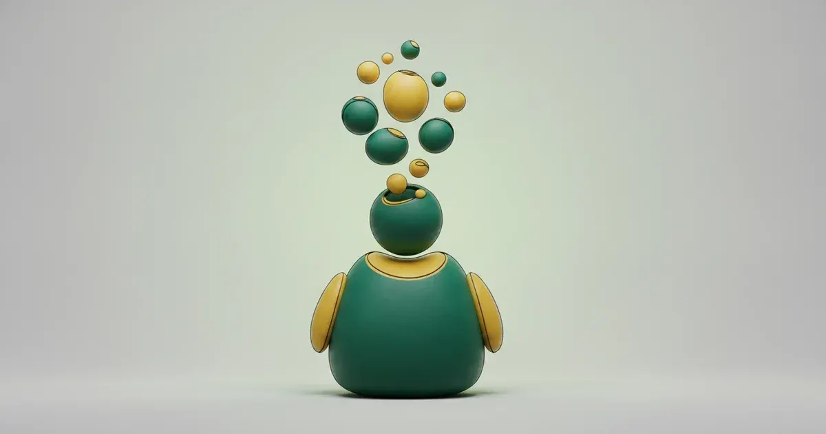 Illustration d'une figure verte et jaune avec des sphères bicolores flottant au-dessus de sa tête