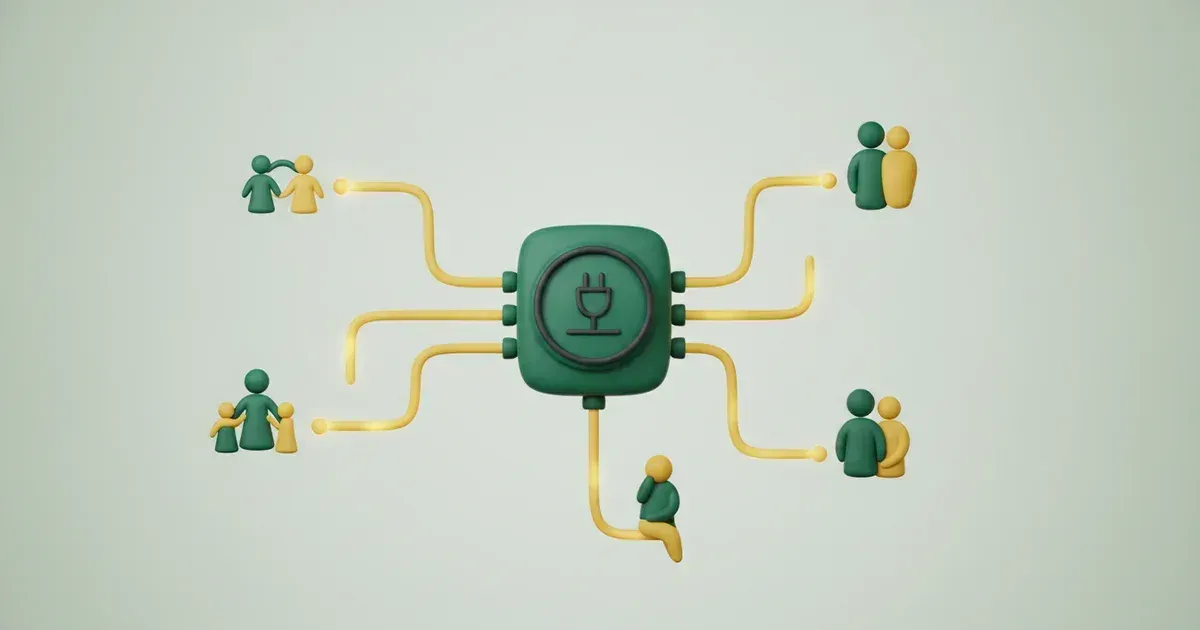 Illustration d'un module vert central relié par des tuyaux jaunes lumineux à des figurines humaines bicolores