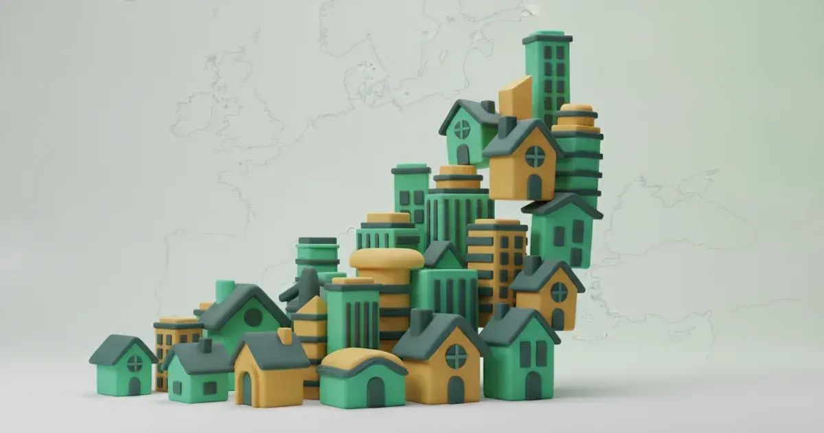 Illustration de maisons et immeubles stylisés verts et jaunes devant la carte esquissée de l'Europe