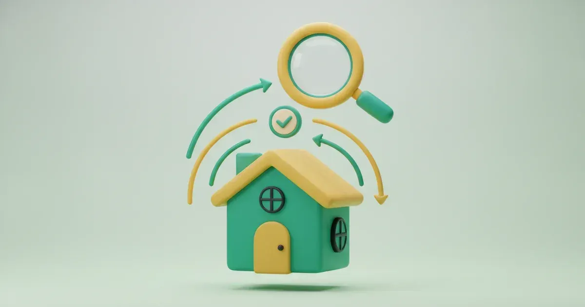 Illustration d'une maison vert-de-gris et jaune, une loupe, des flèches et un coche sur fond uni