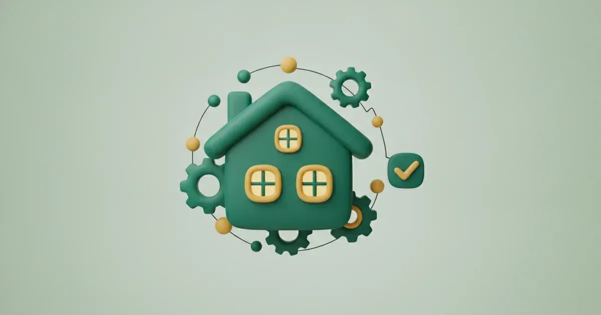 Illustration d'une maison verte aux fenêtres jaunes, entourée d'engrenages, de sphères et d'un coche vert