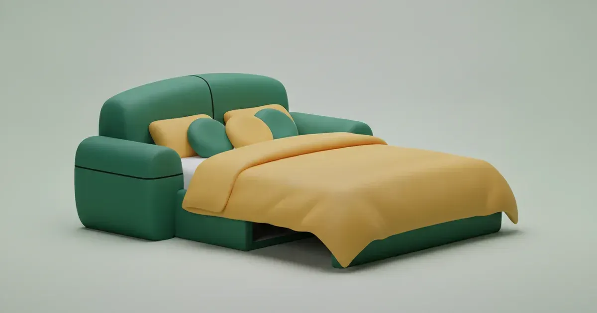 Illustration d'un canapé-lit vert déplié, avec couette et oreillers jaunes et verts