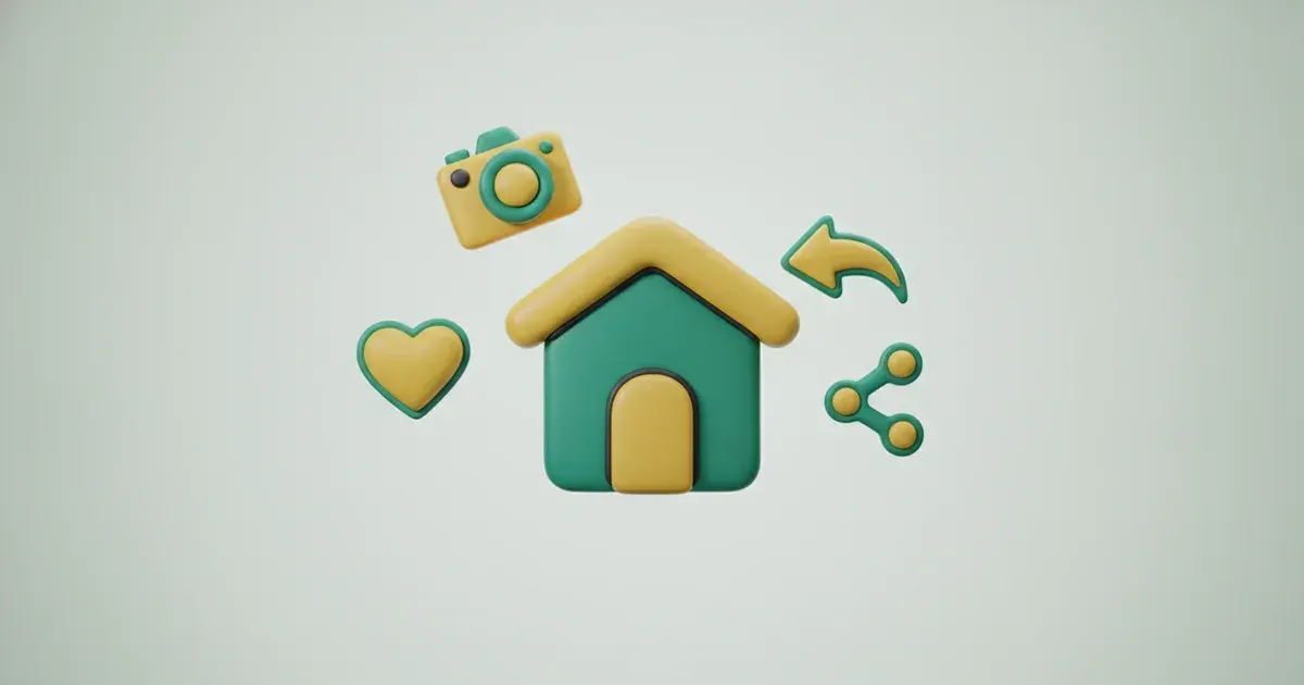 Illustration d'une maison verte et jaune avec des icônes de cœur, appareil photo, flèche et partage