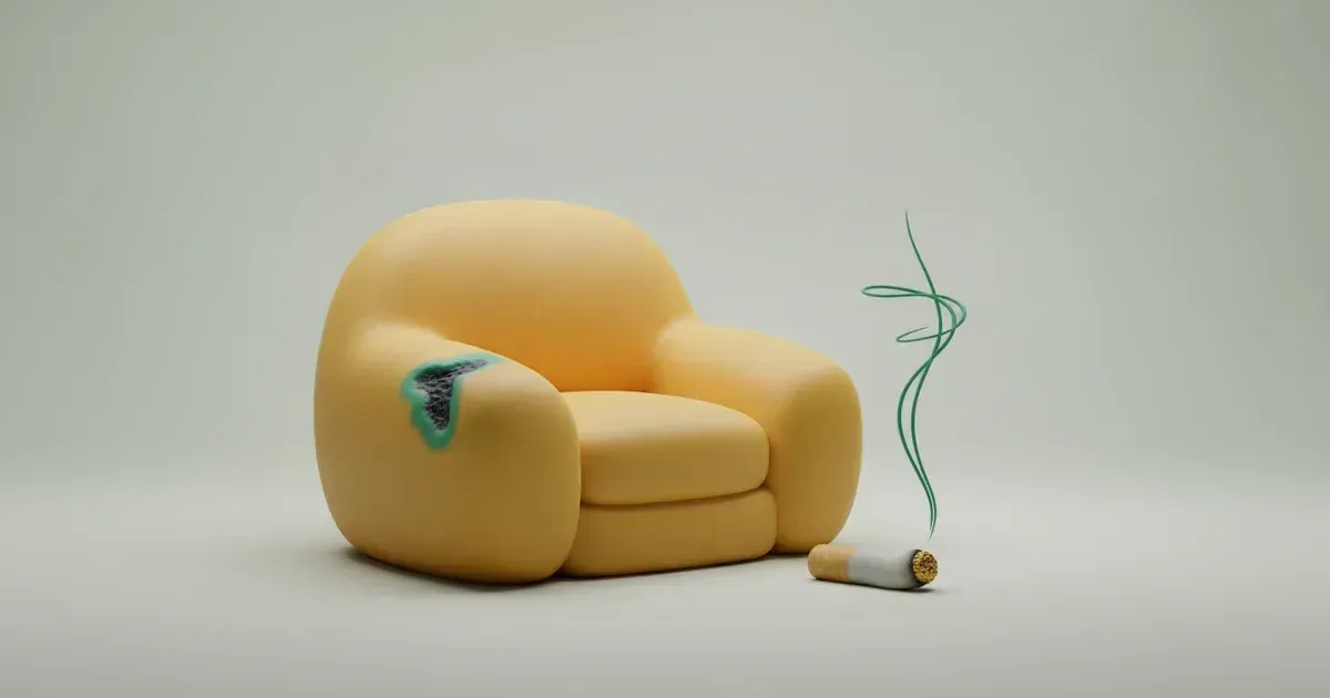 Illustration d'un fauteuil jaune marqué d'une tache sombre verdâtre, près d'une cigarette avec fumée verte