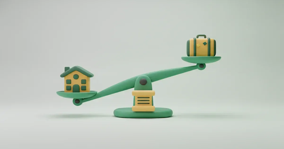 Illustration d'une balance portant une maison d'un côté et une valise de l'autre