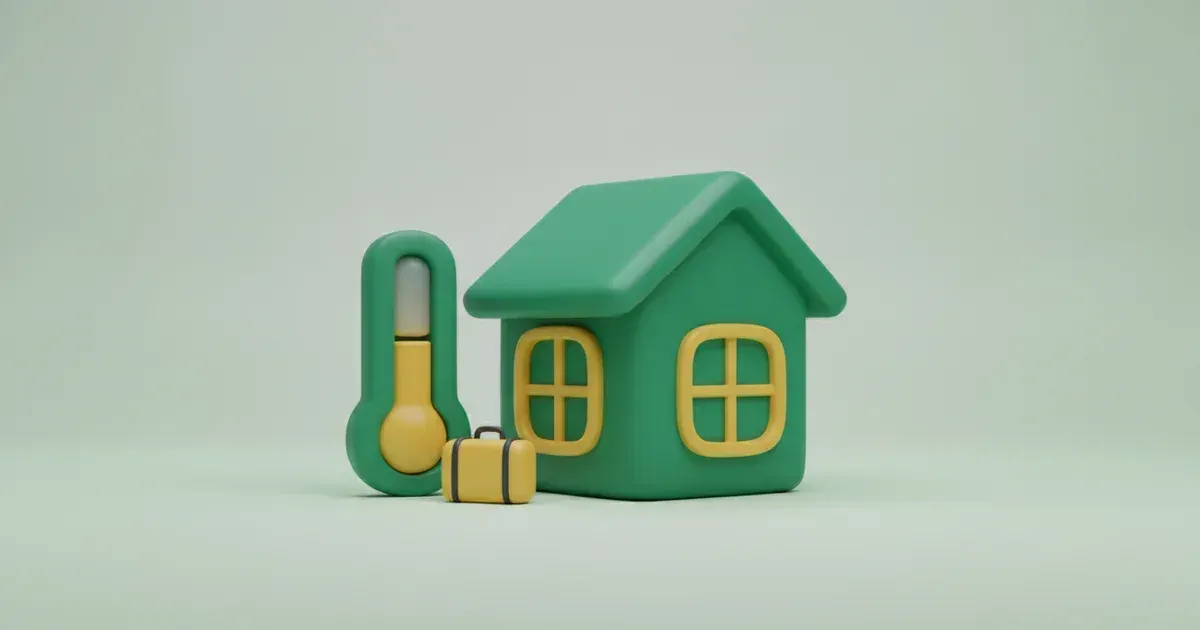 Illustration d'une maison verte, d'un thermomètre vert et jaune, et d'une valise jaune