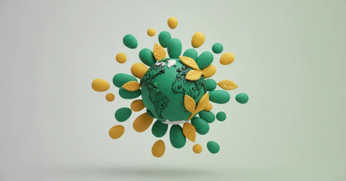 Illustration d'un globe vert aux continents foncés entouré de nombreuses formes ovales et feuilles jaunes et vertes