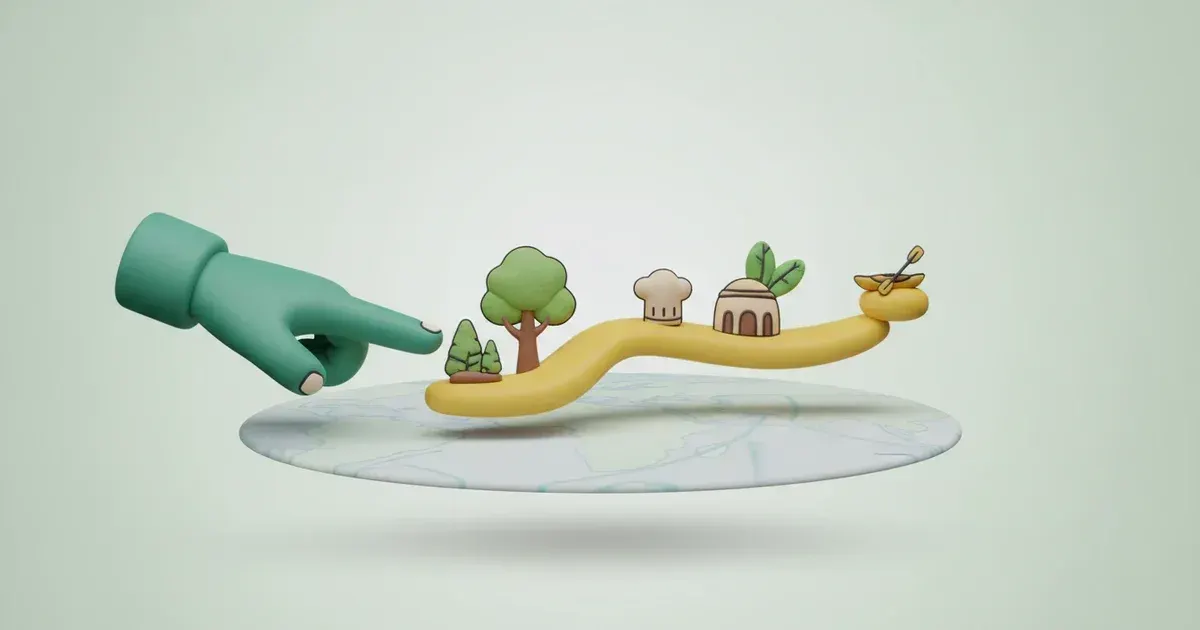 Illustration d'une main verte pointant vers un chemin jaune avec arbres, toque, bâtiment et kayak sur une carte