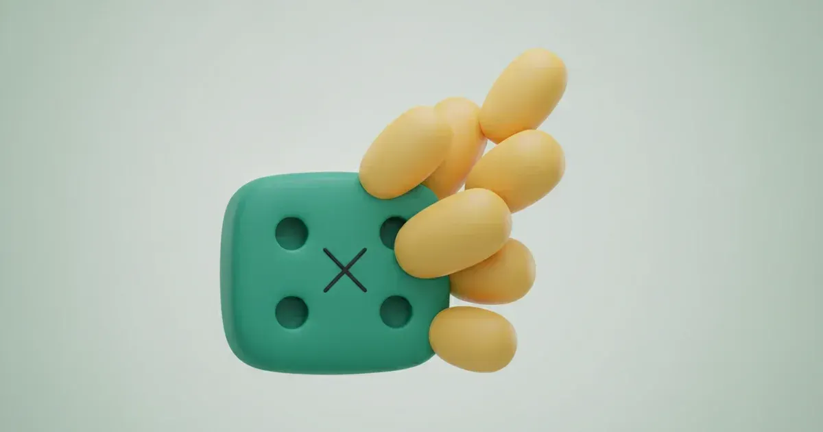 Illustration d'un cube vert arrondi avec cinq points et une croix noire, entouré de formes jaunes ovales