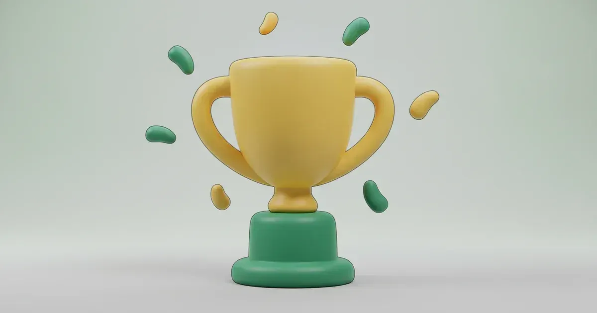 Illustration d'un trophée jaune et vert entouré de petites formes jaunes et vertes flottantes sur un fond clair