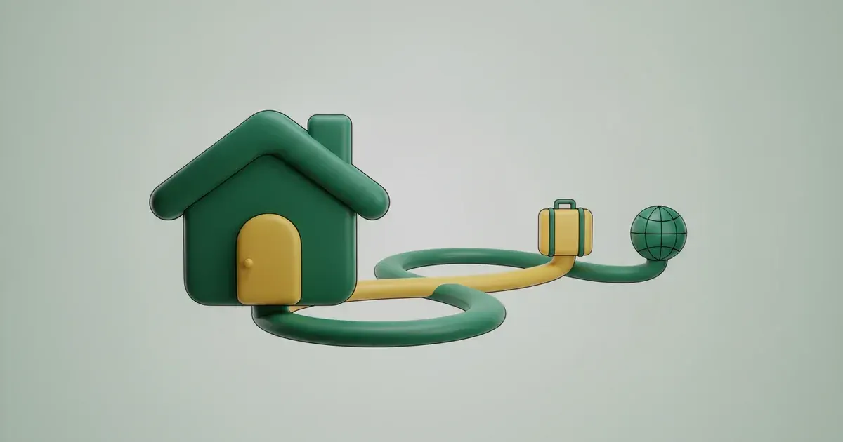 Illustration d'une maison verte, une valise jaune et un globe terrestre reliés par un chemin sinueux