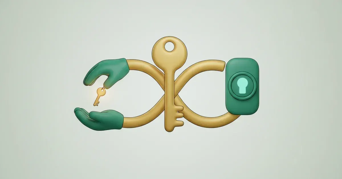Illustration d'un symbole infini doré centré par une clé, des mains vertes tenant une clé et un bloc serrure