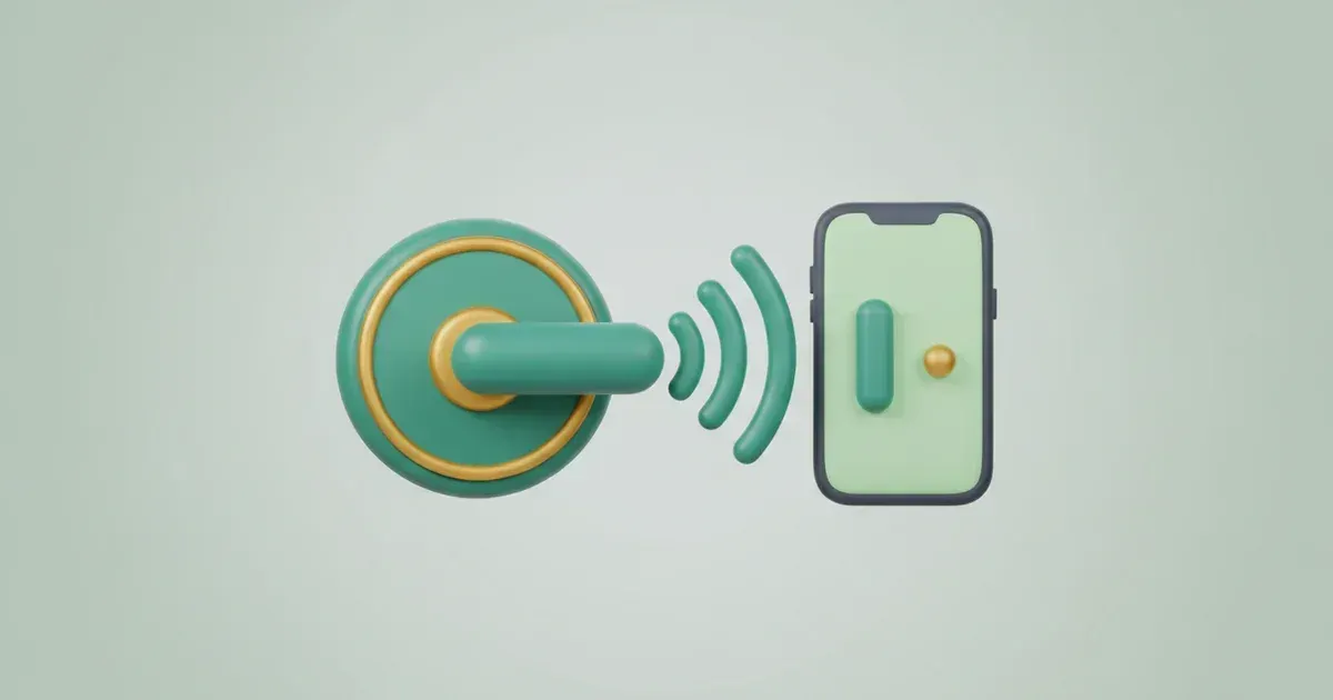 Illustration d'une poignée de porte vert sarcelle et or, connectée par ondes à un smartphone à l'écran clair