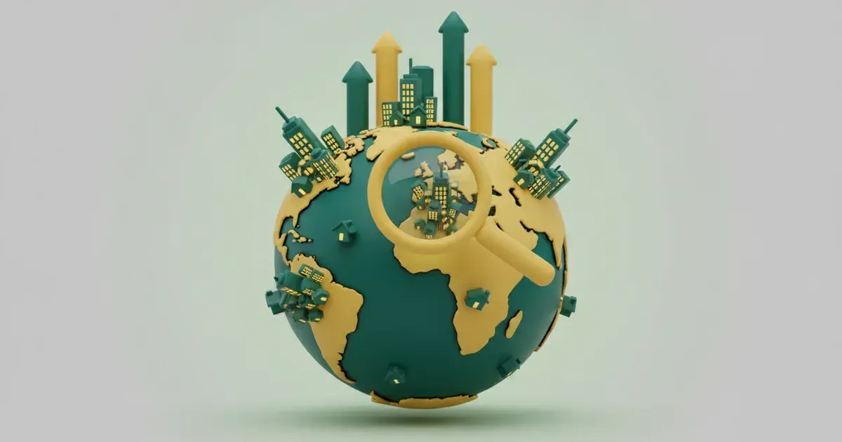 Illustration d'un globe terrestre vert et jaune surmonté de bâtiments, de flèches et d'une loupe