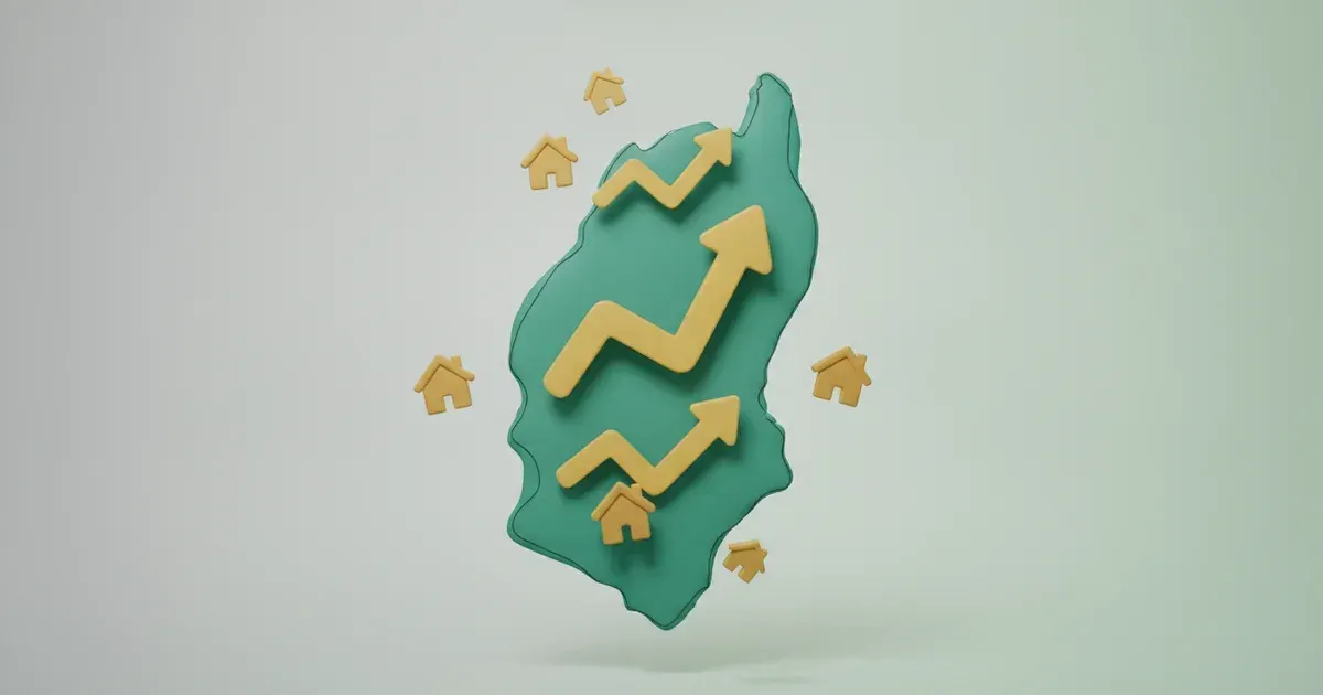 Illustration d'un contour de carte vert avec des flèches jaunes ascendantes et des icônes de maison dorées dispersées
