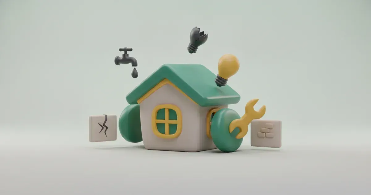 Illustration d'une maison verte et beige, avec un robinet, deux ampoules, une clé et des blocs