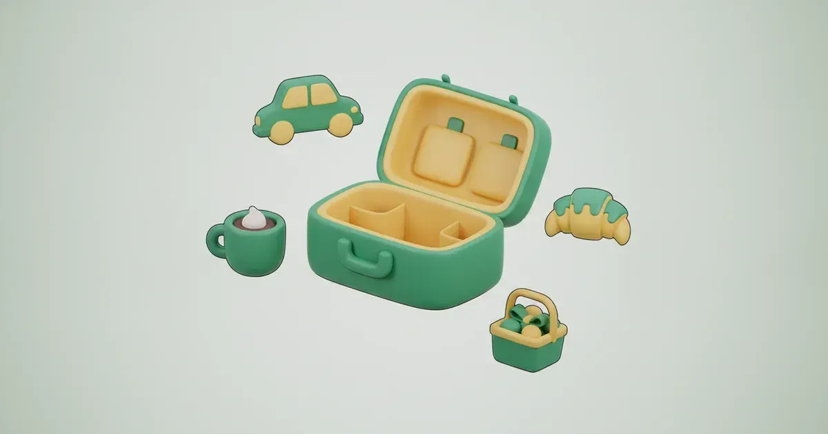 Illustration d'une valise ouverte entourée d'une voiture, d'une tasse, d'un croissant et d'un panier