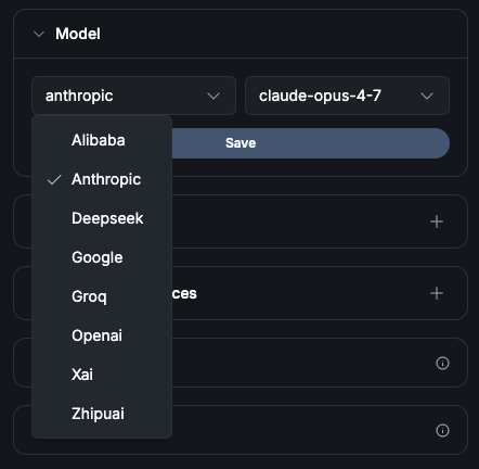 Lua admin dashboard model picker showing provider and model dropdowns