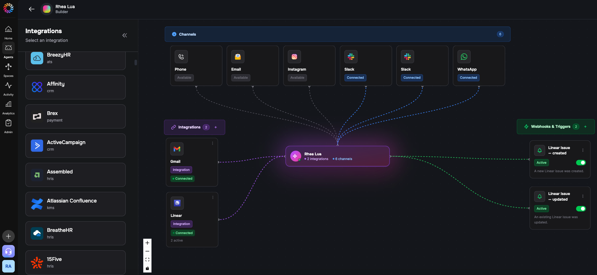 Lua admin dashboard visual builder showing channels, integrations, and webhooks/triggers wired into an agent