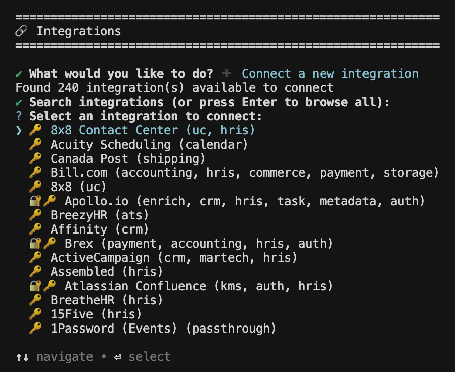 lua integrations connect terminal output showing the searchable list of available integrations
