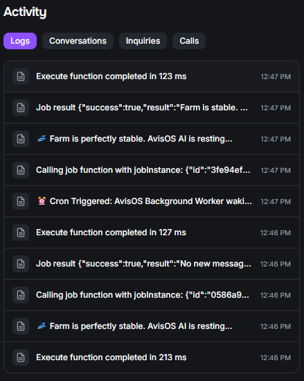 AvisOS activity log showing cron-triggered agent runs, farm stability checks, and execution times
