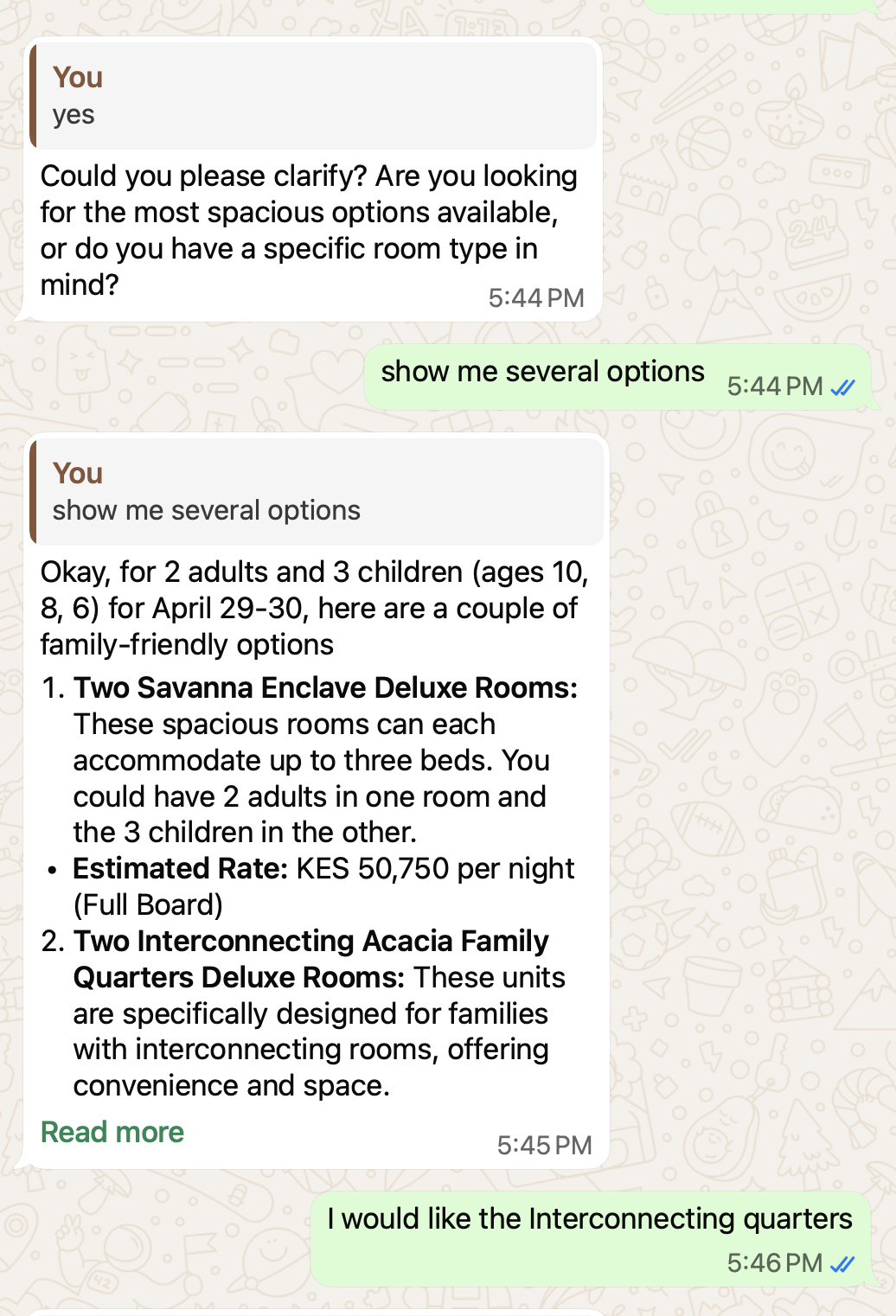 A guest conversation in the web widget — supervisor routing a booking request through the booking agent