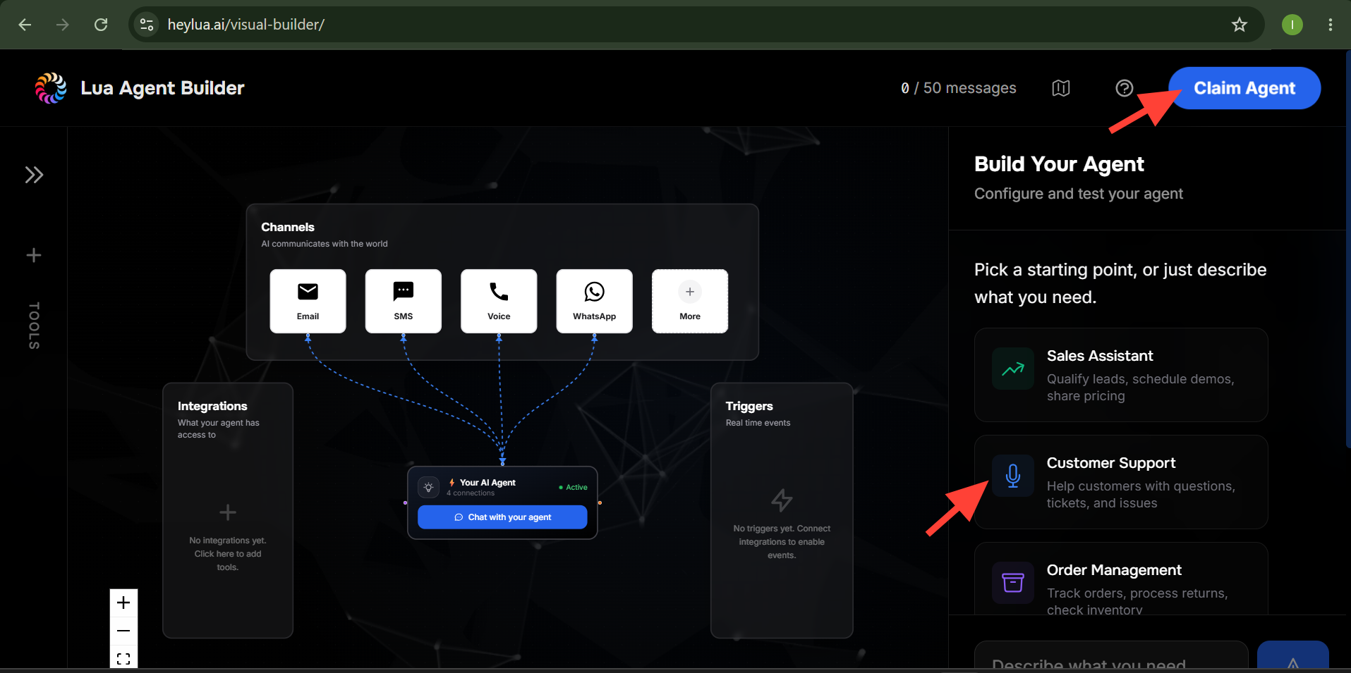 Lua Agent Builder showing the agent canvas with Email, SMS, Voice, and WhatsApp channels, and a sidebar listing templates including Sales Assistant, Customer Support, and Order Management