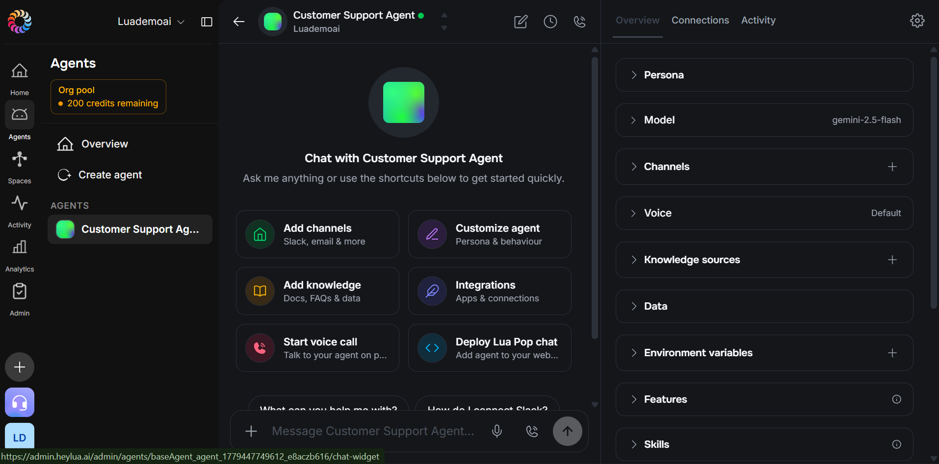 Lua agent dashboard showing the Customer Support Agent overview with Persona, Model, Channels, Voice, Knowledge sources, Data, Environment variables, Features, and Skills sections in the right panel