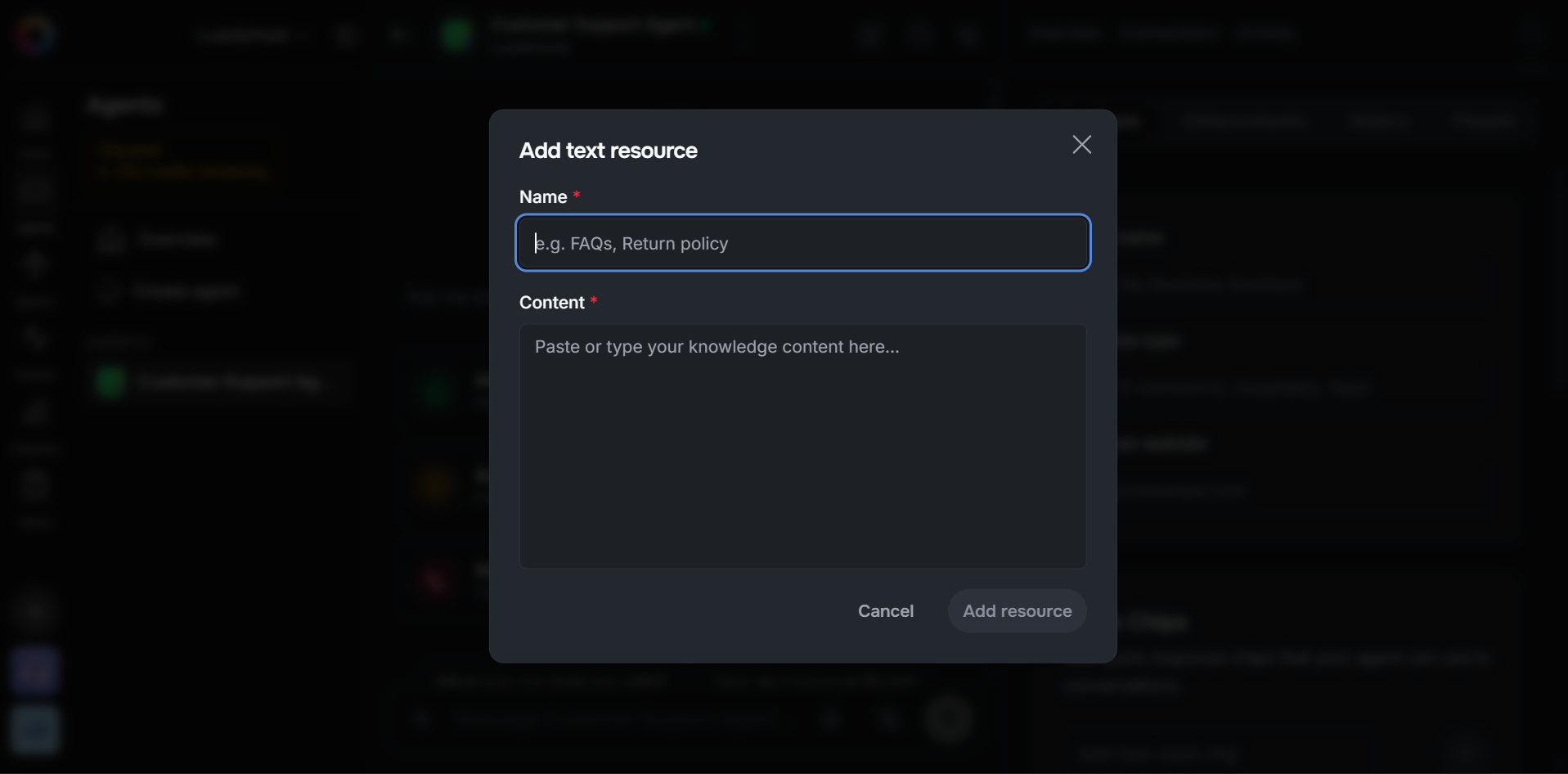 Lua Add text resource modal with a Name field showing the placeholder text e.g. FAQs Return policy and a Content textarea ready for help article text