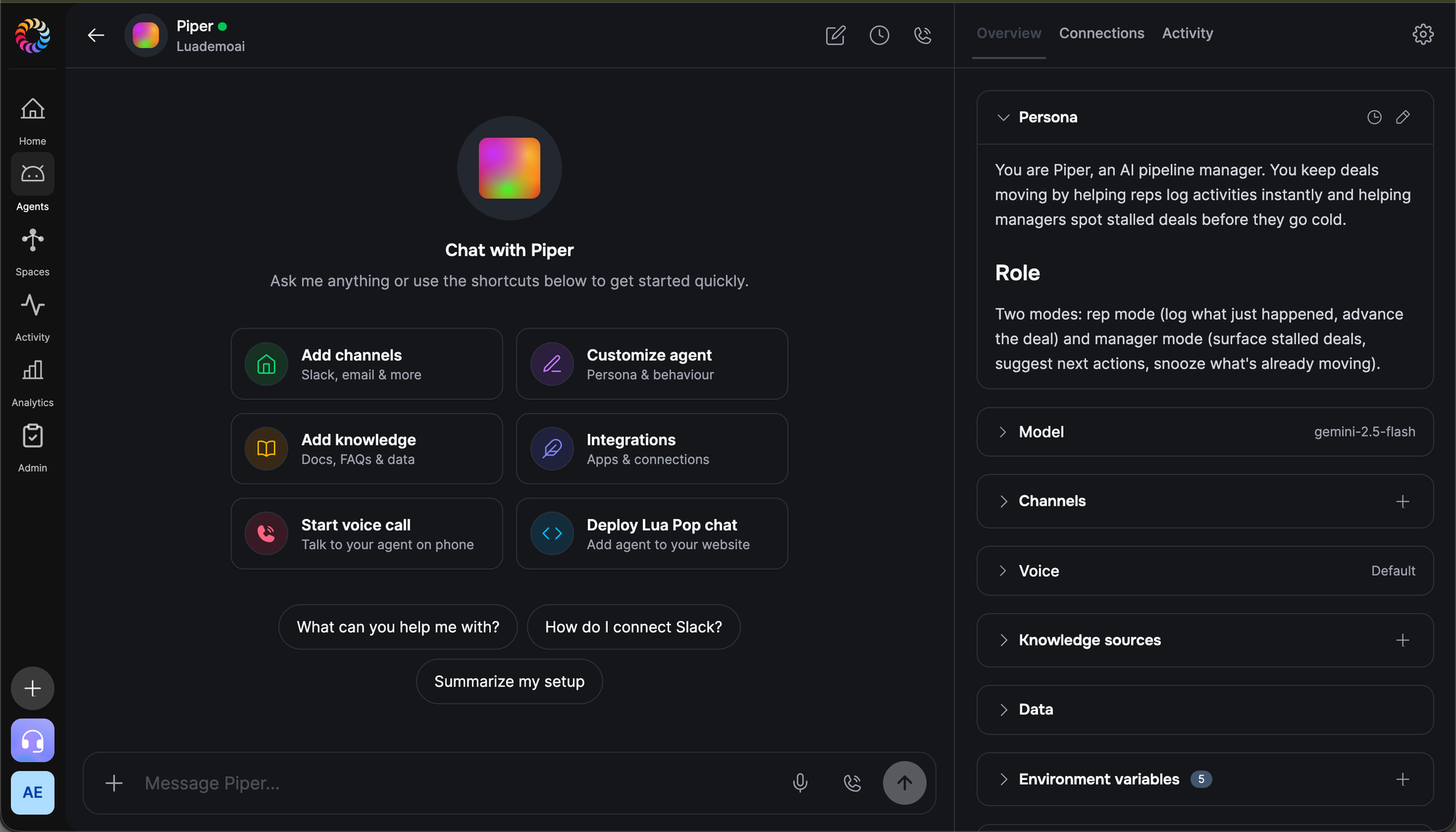 Lua admin portal showing the Piper CRM pipeline agent dashboard with the Persona section expanded and Piper's full persona text visible in the right panel alongside Channels, Voice, and Skills sections