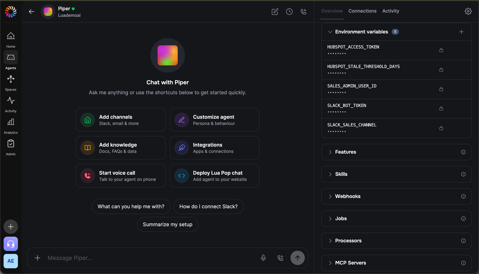 Lua admin portal showing the Environment variables section with HUBSPOT_ACCESS_TOKEN, HUBSPOT_STALE_THRESHOLD_DAYS, SLACK_BOT_TOKEN, SLACK_SALES_CHANNEL, and SALES_ADMIN_USER_ID listed as masked values