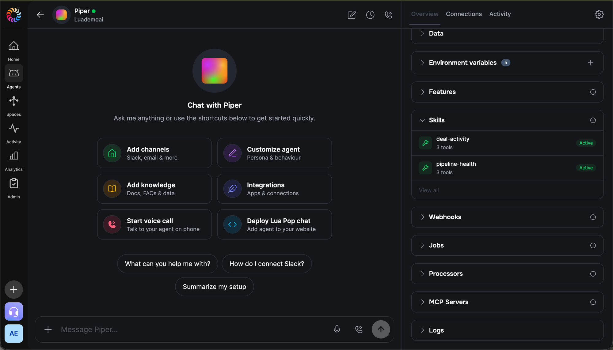 Lua admin portal Skills section expanded showing deal-activity listing 3 tools and pipeline-health listing 3 tools, both marked Active