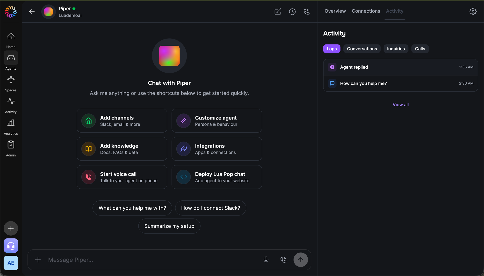 Lua admin portal Activity tab showing logged call and email activities with deal names and timestamps, alongside a stage update entry and a monday-digest job run entry