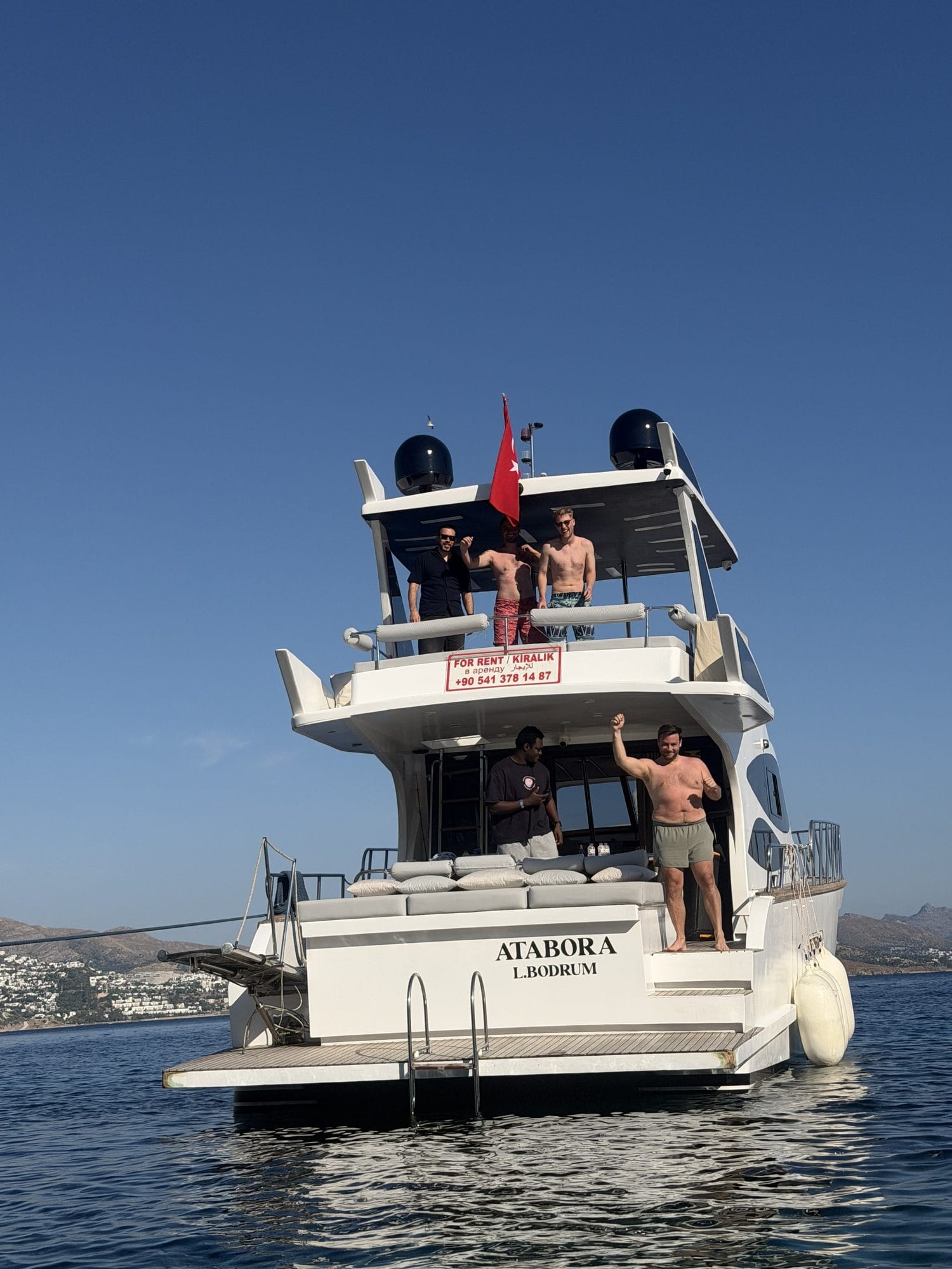 The team aboard a catamaran named Atabora off the coast of Bodrum