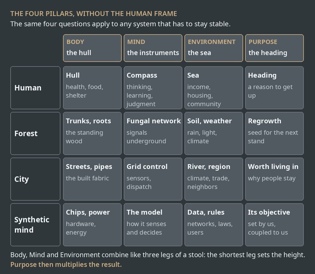 Grid comparing the Four Pillars across a human, a forest, a city and a synthetic mind, using hull, instruments, sea and heading as shared analogies.