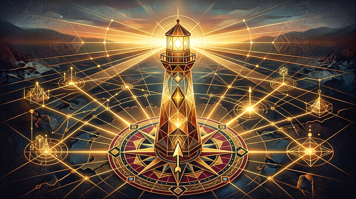 Geometric lighthouse beacon emanating golden light across a network of interconnected nodes, symbolizing clarity and alignment