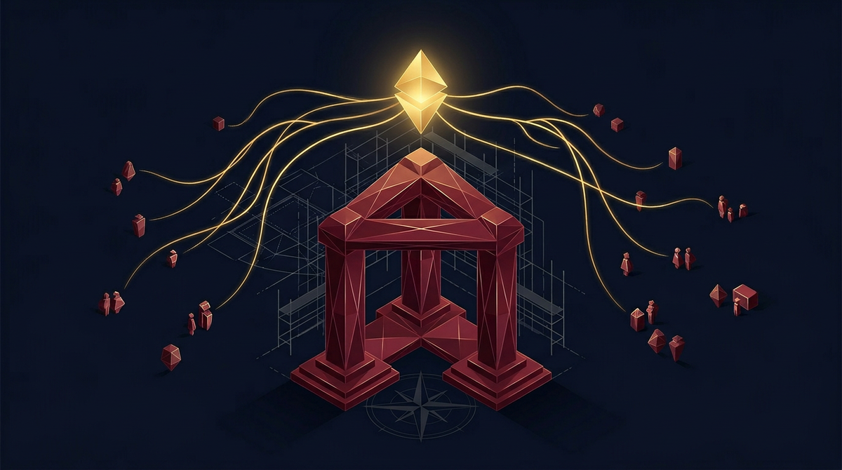 Three geometric maroon pillars under a single golden beacon connecting outward to households and small businesses, with a faint architectural blueprint behind